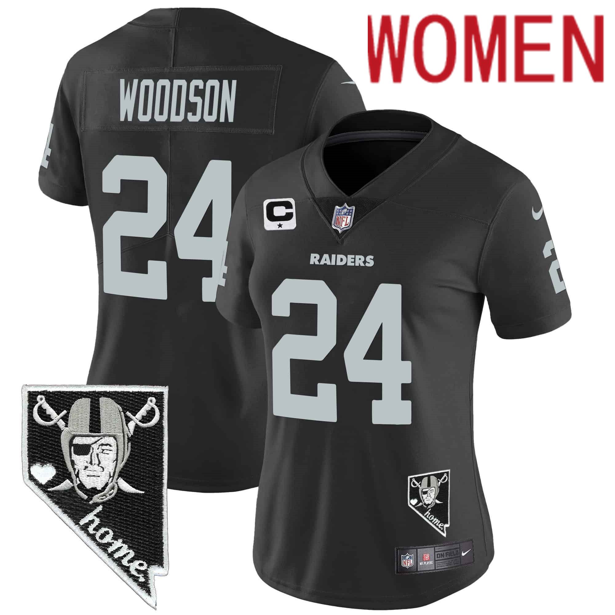 Women Oakland Raiders #24 Woodson Black 2024 Nike Nevada Home Patch Vapor NFL Jersey style 1